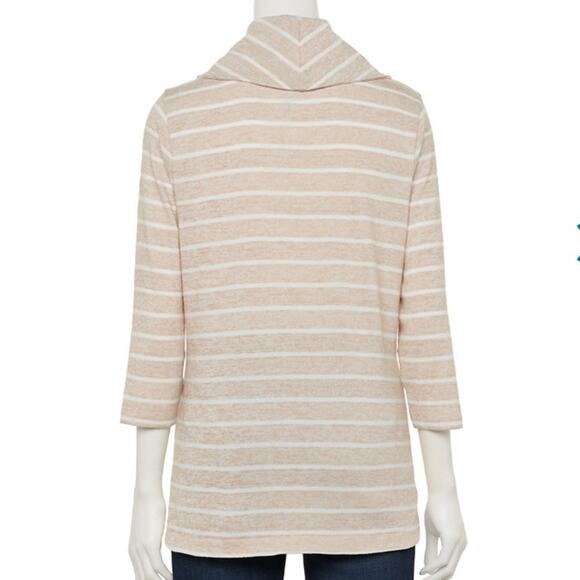 Croft & Barrow Beige white stripe 3/4 sleeve Cowlneck top - Picture 2 of 9